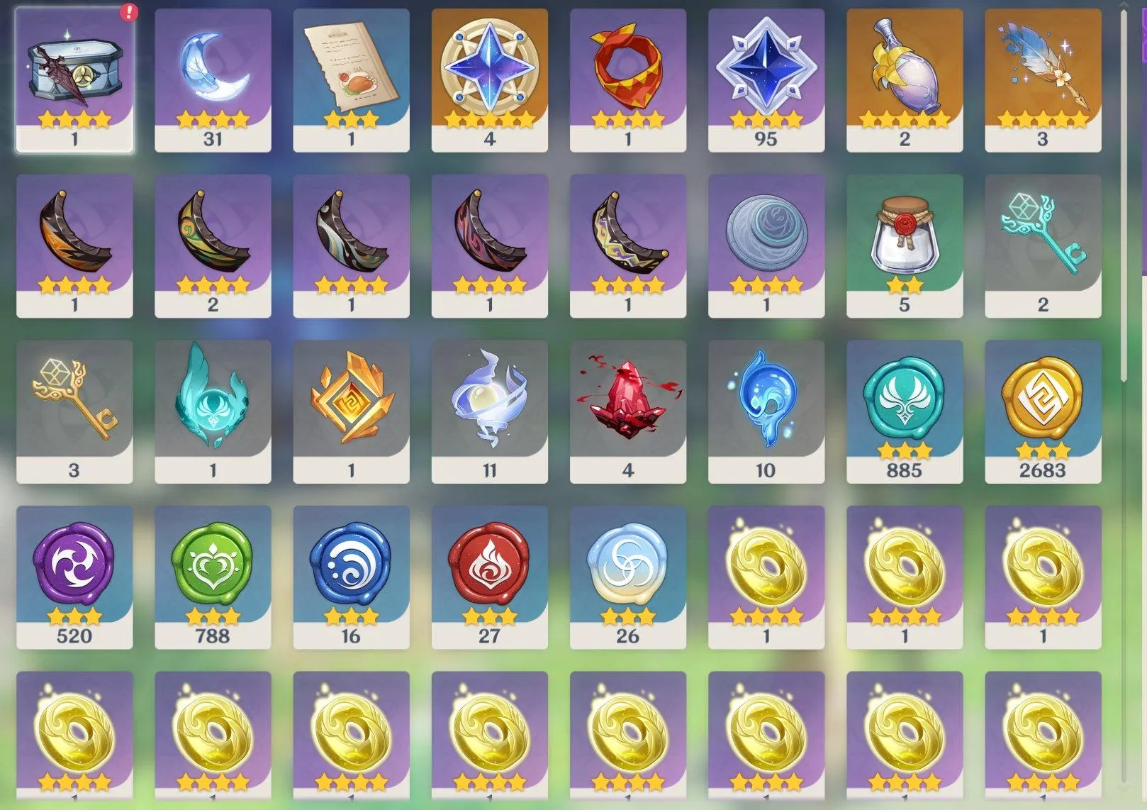 GI1522 Nefer + Emilia + Tighnari + Keqing + Aqua Simulacra Bow, Many 4 star Weapons and Resources 